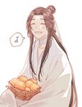  1boy :d ^_^ bandaged_neck bandages basket blush brown_hair chinese_clothes closed_eyes eighth_note facing_viewer food fruit hair_bun hair_ribbon hanfu highres holding holding_basket kouichirou long_hair long_sleeves male_focus musical_note open_mouth orange_(fruit) ribbon robe sidelocks simple_background single_hair_bun sleeves_past_wrists smile solo speech_bubble spoken_musical_note tianguan_cifu upper_body very_long_hair white_background white_hanfu white_ribbon wide_sleeves xie_lian 