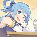  aqua_(konosuba) bags_under_eyes bare_shoulders beer_mug blue_eyes blue_hair blush detached_sleeves downscaled drunk eyebrows_visible_through_hair foam from_side hair_between_eyes hair_ornament hair_rings highres image_sample kono_subarashii_sekai_ni_shukufuku_wo! long_hair md5_mismatch motion_lines multicolored multicolored_background nose_blush open_mouth resized smile solo tam-u twitter_sample upper_body 