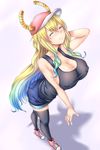  ;) ally_(eden154) baseball_cap black_legwear blonde_hair blue_hair blush breasts cleavage closed_mouth commentary_request covered_nipples dragon_girl from_above full_body gradient_hair green_hair hat highres horns kobayashi-san_chi_no_maidragon large_breasts long_hair multicolored_hair nose_blush one_eye_closed quetzalcoatl_(maidragon) shoes shorts smile sneakers solo standing tank_top thighhighs wavy_hair 