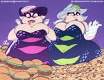  belly big_belly big_breasts bluebrush breasts bulge callie cephalopod cleavage clothed clothing ear_piercing eating food inkling marie marine nintendo open_mouth overweight piercing pointy_ears splatoon squid squid_sisters stuffing video_games yellow_eyes 