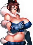  adapted_costume belly breasts brown_hair cleavage curvy fumio_(rsqkr) fur_trim glasses gloves hair_ornament hairpin hips huge_breasts mei_(overwatch) navel overwatch parted_lips plump short_hair solo wide_hips 