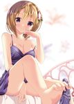  bangs bare_arms bare_legs bare_shoulders barefoot bed between_legs between_toes blush breasts brown_hair camisole cleavage closed_mouth collarbone commentary_request eyebrows_visible_through_hair foot_hold gochuumon_wa_usagi_desu_ka? hair_ornament hairclip hand_between_legs hand_on_own_cheek highres hoto_cocoa kohakugin leg_up lingerie looking_at_viewer medium_breasts no_panties on_bed panties panties_removed purple_babydoll purple_eyes purple_panties short_hair sitting smile soles solo spaghetti_strap toenails underwear white_background 