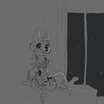  2017 anthro arctic_fox bed bra canine clothed clothing curtains disney duo female fox fur interior jack_savage lagomorph looking_down lying male male_pregnancy mammal monochrome night partially_clothed pillow pregnant rabbit replytoanons sitting size_difference skye_(zootopia) sweat topless underwear window zootopia 