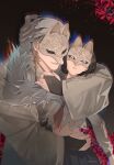  1boy 1girl absurdres black_serafuku earrings flower fox_mask fox_mask_(silent_hill) highres hug jewelry mask mismatched_arms monster_arm mumovv robe school_uniform serafuku shimizu_hinako silent_hill_(series) silent_hill_f spider_lily tassel tassel_earrings white_robe 