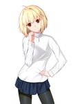  ahoge arcueid_brunestud asymmetrical_hair blonde_hair breasts hand_on_hip highres jewelry long_sleeves looking_at_viewer medium_breasts miniskirt necklace pantyhose red_eyes simple_background skirt solo sweater tsukihime turtleneck turtleneck_sweater white_background xingye_you_xia 