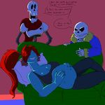  belly big_belly big_breasts blue_skin bone bra breasts cleavage clothed clothing dialogue english_text eyes_closed fish hair hand_on_stomach marine navel papyrus pillow ponytail red_hair sans skeleton slimecrime smile sofa text undertale underwear undyne video_games 