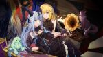  3girls absurdres animal_ears animalization arknights ascot ave_mujica_(bang_dream!) bang_dream! bang_dream!_it&#039;s_mygo!!!!! black_ascot black_dress black_gloves black_horns black_pantyhose black_ribbon blonde_hair blue_hair cat closed_mouth commentary_request crossed_legs curled_horns detached_collar dog_ears dog_girl dress frilled_dress frills gloves green_hair hair_ribbon highres holding_hands horns instrument interlocked_fingers kemonomimi_mode long_hair looking_at_viewer medium_hair misumi_uika misumi_uika_(caged_singer) multiple_girls pantyhose phonograph piano picture_frame portrait_(object) purple_cat purple_eyes rabbit_ears ribbon sidelocks sitting sitting_on_throne smile stuffed_animal stuffed_rabbit stuffed_toy togawa_sakiko togawa_sakiko_(master_of_melodia) two_side_up wakaba_mutsumi wakaba_mutsumi_(marionette&#039;s_id) wolf_zzzzz yahata_umiri yahata_umiri_(moonlight_executioner) yellow_eyes yuutenji_nyamu yuutenji_nyamu_(magician_of_passion) 