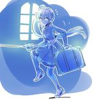  blue_eyes breasts cleavage commentary full_body iesupa long_hair myrtenaster ponytail rwby scar scar_across_eye small_breasts sneaking solo suitcase sweatdrop weiss_schnee white_hair window 