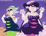  belly big_belly big_breasts bluebrush breasts bulge callie cephalopod cleavage clothed clothing ear_piercing eating food inkling marie marine nintendo open_mouth piercing pointy_ears splatoon squid squid_sisters stuffing video_games yellow_eyes 