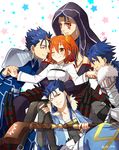  4boys ;) armor black_legwear blue_hair boy_sandwich chaldea_uniform command_spell cu_chulainn_(fate/grand_order) cu_chulainn_(fate/prototype) cu_chulainn_alter_(fate/grand_order) earrings fang fate/grand_order fate/prototype fate/stay_night fate_(series) fujimaru_ritsuka_(female) fur_trim hair_ornament hair_scrunchie holding_hands holiday-jin hood interlocked_fingers jewelry lancer male_harem multiple_boys multiple_persona one_eye_closed orange_hair orange_scrunchie pantyhose ponytail red_eyes sandwiched scrunchie side_ponytail sitting smile staff star yellow_eyes 