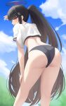  1girl absurdres arm_up ass ass_focus bent_over black_bra black_hair blue_archive blue_buruma bra bra_peek bra_visible_through_clothes breast_press breasts buruma cloud cropped_shirt hair_ornament hairclip halo hand_on_own_thigh high_ponytail highres large_breasts leaning_forward long_hair looking_at_viewer looking_back naze236 open_mouth outdoors ponytail red_eyes ringed_eyes rio_(blue_archive) shirt short_sleeves sky solo sweat thighs underwear very_long_hair white_shirt 