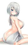  alternate_costume arched_back backless_dress backless_outfit bare_back breasts butt_crack dress from_behind full_body hair_over_one_eye halterneck hamakaze_(kantai_collection) hamalu highres kantai_collection large_breasts looking_at_viewer meme_attire naked_sweater ribbed_sweater short_hair sideboob silver_hair simple_background sitting solo sweater sweater_dress turtleneck turtleneck_sweater virgin_killer_sweater 