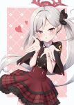  1girl absurdres blowing_kiss blue_archive commentary_request cowboy_shot grey_hair hair_ornament halo hands_up highres long_hair looking_at_viewer miyuki_kotori mutsuki_(blue_archive) neck_ribbon pink_background pointy_ears purple_eyes red_halo red_ribbon red_skirt ribbon side_ponytail simple_background skirt solo 