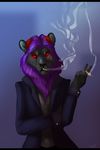  anthro cigarette clothed clothing feline fur hair lion looking_at_viewer male mammal mane plgdd smoke solo standing 