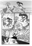  &gt;_&lt; @_@ blush cirno closed_eyes comic daiyousei flying flying_sweatdrops footprints greyscale highres hong_meiling jumping monochrome motion_lines multiple_girls rumia sweat touhou translated xiaolong_(touhoufuhai) 