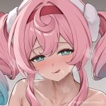  1girl :q aqua_eyes blush breath collarbone commentary fanbox_username grey_background hairband half-closed_eyes honkai:_star_rail honkai_(series) hyacine_(honkai:_star_rail) long_hair looking_at_viewer lunacle naughty_face paid_reward_available pink_hair pink_hairband portrait smile solo tongue tongue_out twintails web_address yellow_pupils 