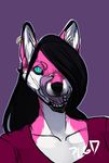  ambiguous_gender anthro canine clothed clothing fangs fur hair looking_at_viewer mammal plgdd simple_background solo teeth tongue tongue_out 