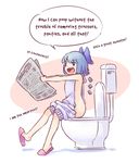  :d backless_outfit blue_eyes blue_hair bunbunmaru cirno commentary english full_body highres ice ice_wings meme_attire naked_sweater newspaper open_mouth shoe_dangle simple_background sitting slippers smile solo sweater toilet toilet_seat toilet_use touhou virgin_killer_sweater wings yoruny 
