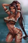 armpits arms_behind_head belly bodypaint breasts brown_hair cleavage dandon_fuga dark_skin forehead_jewel gem green_eyes hips jungle large_breasts league_of_legends legs lips long_hair midriff nature navel nidalee outdoors ponytail solo thighs tied_hair tribal underboob very_long_hair water wet 