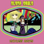  1other 2girls alice_(black_souls) armor black_magick_ss black_souls book bosske box_art dress faceless fake_box_art grass helmet highres holding holding_book holding_shield holding_staff holding_sword holding_weapon multiple_girls parody purple_dress rainbow_nights_(black_magick_ss) rock shield staff style_parody sword weapon witch 