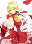  aestus_estus ahoge bangs blonde_hair blurry blush braid breasts cleavage closed_mouth commentary_request depth_of_field dress epaulettes eyebrows_visible_through_hair fate/extra fate_(series) floating_hair french_braid from_side green_eyes hair_between_eyes hair_intakes hair_ribbon hand_up highres holding holding_sword holding_weapon juliet_sleeves lace-trimmed_sleeves large_breasts long_sleeves looking_at_viewer nero_claudius_(fate) nero_claudius_(fate)_(all) pen_(pen3) petals puffy_sleeves red_dress red_ribbon ribbon sidelocks simple_background smile solo standing sword tsurime weapon white_background 