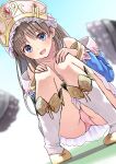  1girl ass atelier_(series) atelier_totori blue_eyes blue_jacket boots brown_hair cameltoe dress hands_on_own_knees highres jacket long_hair looking_at_viewer open_mouth panties pantyshot pink_panties smile solo squatting tenjou_ryuka thighs totooria_helmold underwear upskirt white_boots white_dress 
