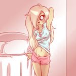  2017 adventure_time anthro armpits bed blush breasts bronwyn canine cartoon_network chest_tuft clothed clothing female hair hair_over_eye jewelry mammal midriff navel necklace nipple_bulge pillow plagueofgripes shorts skull solo standing tuft 