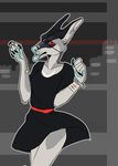  anthro band-aid bandage canine clothed clothing eye_patch eyewear female fur looking_at_viewer mammal plgdd solo tongue tongue_out wide_hips 