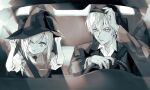  1boy 1girl adjusting_clothes adjusting_headwear akke_(akke299) arms_up ars_almal car car_interior collared_shirt dress dress_shirt driving greyscale hair_between_eyes hair_over_one_eye hand_on_headwear hands_up hat highres ibrahim_(nijisanji) jacket long_hair long_sleeves looking_to_the_side monochrome motor_vehicle nijisanji parted_lips puffy_short_sleeves puffy_sleeves seatbelt shirt short_sleeves sitting steering_wheel upper_body virtual_youtuber witch_hat 