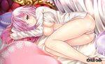  arm_pillow bangs bare_legs barefoot bed breasts closed_mouth curtains eyelashes fate/grand_order fate_(series) hair_over_one_eye hakuda_tofu lace light_particles long_legs long_sleeves looking_at_viewer lying mash_kyrielight medium_breasts no_bra no_pants on_bed on_side open_clothes open_shirt panties pillow pink_hair red_eyes shirt short_hair sleeves_past_wrists smile solo star star_print swept_bangs underwear white_panties white_shirt 