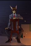 anthro canine clothed clothing fur hair looking_at_viewer male mammal plgdd sitting solo suit whiskers 