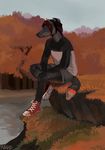  anthro canine clothed clothing footwear fur hair male mammal outside painting plgdd shoes sitting solo 
