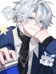  1boy antenna_hair black_sweater blue_coat blue_eyes closed_mouth coat crossed_bangs cup gold_necklace grey_hair hair_between_eyes highres holding holding_cup honkai:_star_rail honkai_(series) jewelry looking_at_viewer male_focus necklace official_alternate_costume open_clothes open_coat open_shirt parted_bangs phainon_(honkai:_star_rail) phainon_(luckin_coffee)_(honkai:_star_rail) pin3909 shirt short_hair simple_background smile solo sweater turtleneck turtleneck_sweater white_background white_shirt yellow_pupils 