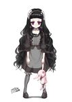  2017 bags_under_eyes black_bow black_dress black_hair black_legwear bow choker closed_mouth dated dress frilled_choker frills full_body glasses hair_bow hairband hardgore_alice highres holding holding_stuffed_animal lolita_hairband long_hair looking_at_viewer magical_girl mahou_shoujo_ikusei_keikaku mahou_shoujo_ikusei_keikaku_unmarked mary_janes number pantyhose pince-nez purple_eyes saikura_noushu shoes simple_background solo standing striped striped_legwear stuffed_animal stuffed_bunny stuffed_toy vertical-striped_legwear vertical_stripes very_long_hair wavy_hair white_background 