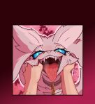 adetuddymax anthro blue_eyes bodily_fluids duo female fur generation_5_pokemon hair hi_res human legendary_pokemon mammal nintendo open_mouth pokemon pokemon_(species) reshiram saliva sticker sticker_pack teeth tongue white_body white_fur white_hair