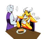  armor asgore_dreemurr beard boss_monster caprine crown crying duo english_text facial_hair fangs food fork fur galaxysilver goat horn long_ears mammal pie red_eyes simple_background table tears text toriel undertale video_games white_background white_fur 