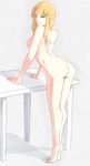  1girl artist_request ass bakemonogatari barefoot blonde_hair breasts feet from_behind looking_at_viewer looking_back monogatari_(series) nipple oshino_shinobu pointy_ears side_boob smile soles solo toes white_background yellow_eyes 