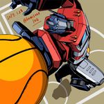  80s autobot ball basketball basketball_court commentary_request day holding holding_ball kamizono_(spookyhouse) machinery mecha no_humans oldschool optimus_prime robot solo transformers twitter_username 