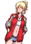  absurdres bangs blonde_hair breasts closed_mouth commentary_request cowboy_shot fate/apocrypha fate_(series) gggg green_eyes hair_ribbon hands_in_pockets highres jacket jewelry letterman_jacket looking_at_viewer medium_breasts mordred_(fate) mordred_(fate)_(all) navel necklace open_clothes open_jacket ponytail red_ribbon ribbon short_shorts shorts smile solo stomach strapless tomboy tubetop 