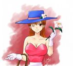  aqua_elf breasts brown_eyes brown_hair cleavage daisy_(dq) dragon_quest dragon_quest_yuusha_abel_densetsu dress flower huge_breasts long_hair looking_at_viewer simple_background solo 