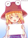  ^_^ blonde_hair blue_background blush brown_hat closed_eyes exploitable expressive_clothes eyebrows_visible_through_hair facing_viewer gradient gradient_background hair_between_eyes hat holding holding_paper holding_sign moriya_suwako open_mouth paper purple_vest ramudia_(lamyun) short_hair sidelocks sign smile solo touhou twitter_username two-tone_background upper_body vest white_background wide_sleeves 