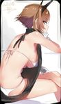 backless_outfit bare_shoulders bikini breasts brown_hair dress from_behind gloves green_eyes headgear isshiki_(ffmania7) kantai_collection large_breasts looking_at_viewer meme_attire micro_bikini mutsu_(kantai_collection) ribbed_sweater short_hair sitting sketch smile solo sweater sweater_dress swimsuit turtleneck turtleneck_sweater underboob virgin_killer_sweater white_bikini white_gloves 