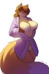  2016 anthro big_breasts blue_eyes breasts brown_hair canine clothing female fluffy fluffy_tail fox fur hair holding_breast mammal naturally_censored nipple_tuft orange_fur robe smile solo starfighter tuft white_fur woadedfox 