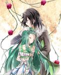  1boy 1girl aqua_hair bare_shoulders black_hair breasts dress eyes_closed flower fur gloves hisui_hearts jacket long_hair open_mouth richea_spodune rose short_hair tales_of_(series) tales_of_hearts 