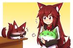  1girl :3 =_= animal_ear_fluff animal_ears bangs bow brooch brown_hair dress ex-keine flying_sweatdrops horns imaizumi_kagerou imaizumi_kagerou_(wolf) jewelry kamishirasawa_keine long_hair long_sleeves looking_at_another red_bow red_eyes solid_circle_eyes solid_eyes sukusuku_hakutaku tail tail_wagging touhou trembling upper_body v-shaped_eyebrows wolf_ears wolf_tail wool_(miwol) 