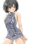  amagami backless_outfit bare_shoulders black_hair blush bob_cut breasts brown_eyes commentary cowboy_shot dress looking_at_viewer md5_mismatch medium_breasts meme_attire murasaki_iro nanasaki_ai no_pants ribbed_sweater short_hair simple_background solo sweater sweater_dress virgin_killer_sweater white_background 