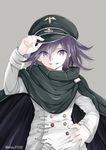  bangs black_cape black_hair black_hat buttons cape checkered checkered_scarf danganronpa eyebrows_visible_through_hair grey_background hair_between_eyes hand_on_headwear hand_on_hip hand_up hat hat_tip long_sleeves looking_at_viewer male_focus mizutama new_danganronpa_v3 ouma_kokichi peaked_cap purple_eyes purple_hair scarf simple_background smile smirk solo twitter_username upper_body 