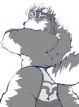  anthro bandanna butt canine clothed clothing horkeukamui loincloth looking_away male mammal monochrome solo tokyo_afterschool_summoners topless wolf yaoyasohachi 