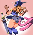  armlet armor ass bare_shoulders belt black_panties blue_armor breasts brown_gloves brown_hair daisy_(dq) damedungeon dragon_quest dragon_quest_yuusha_abel_densetsu gloves helmet horned_helmet long_hair medium_breasts panties sheath sheathed simple_background sword tentacles tongue underwear weapon 