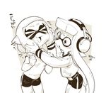  &gt;_&lt; artist_name bike_shorts closed_eyes domino_mask greyscale headphones inkling jacket letterman_jacket mask mojaranmo monochrome multiple_girls smile splatoon_(series) splatoon_2 tentacle_hair 